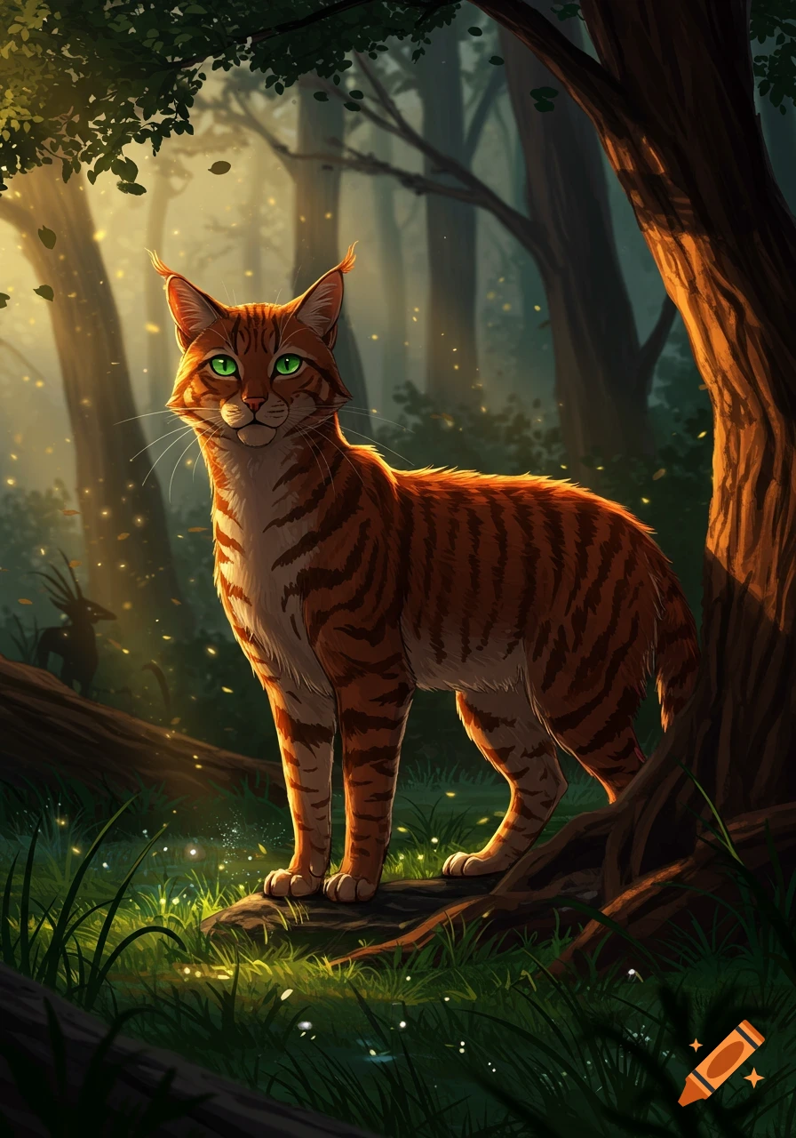 A vibrant orange tabby cat with piercing green eyes stands in a sunlit forest, dappled light falling on its striped fur. Stylized illustration.