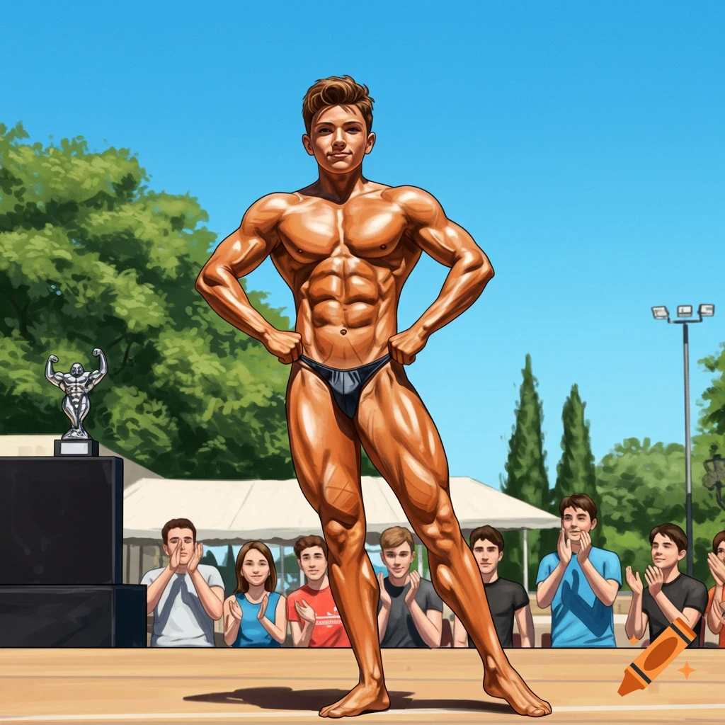 An illustrated male bodybuilder in a black posing trunk stands flexing on a stage under a blue sky, with an audience clapping in the background.
