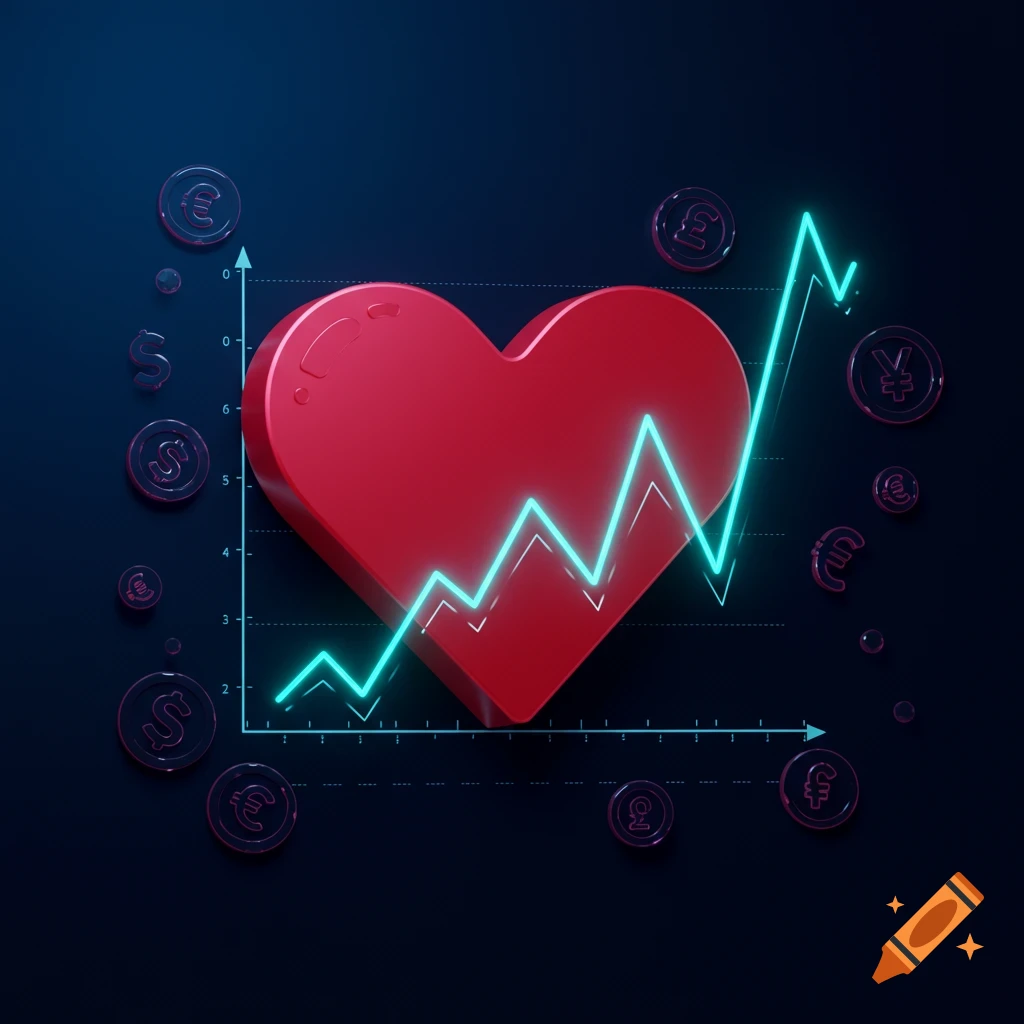 A 3D render of a red heart with a glowing blue stock graph overlaid, surrounded by various currency symbols on a dark background.