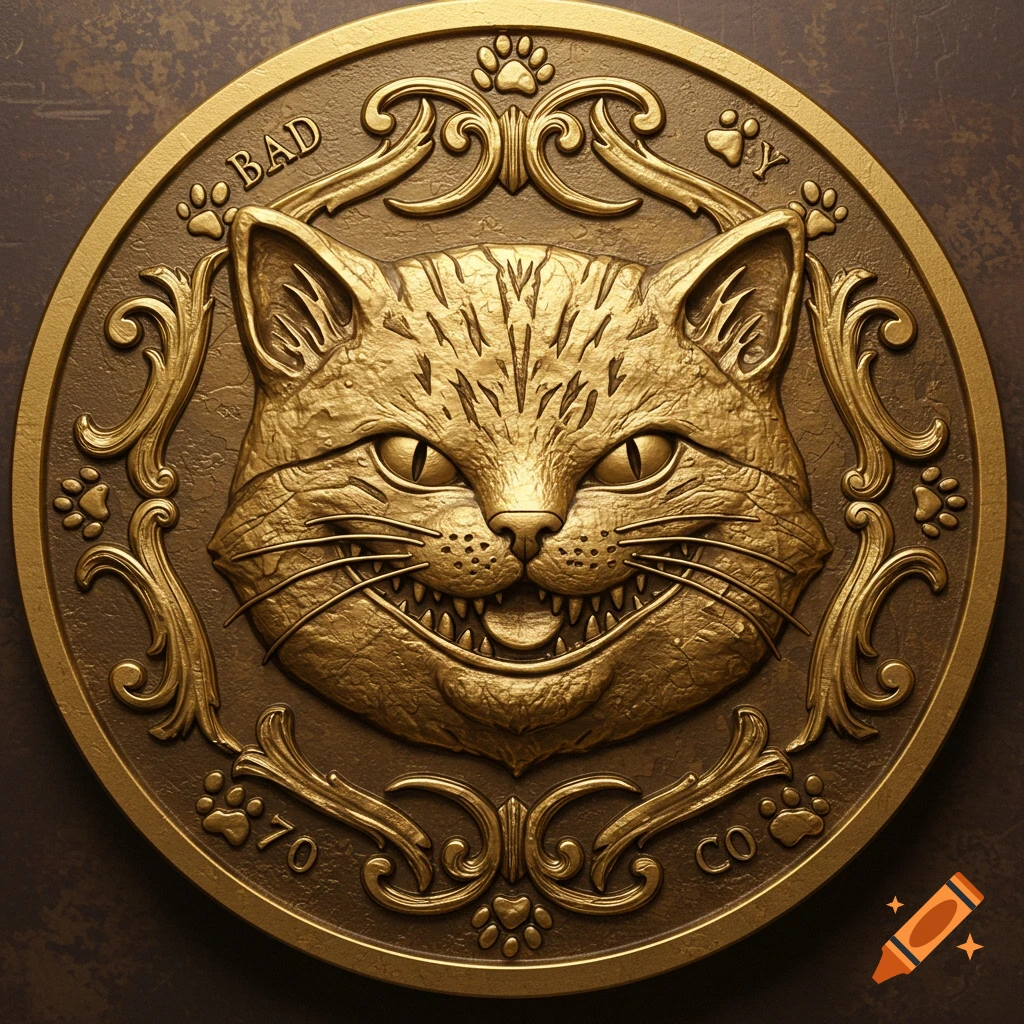 A golden coin featuring a detailed, grinning cat face with stylized whiskers and bared fangs, surrounded by ornate scrollwork and paw print designs. The word "BAD" is visible on the coin's edge.