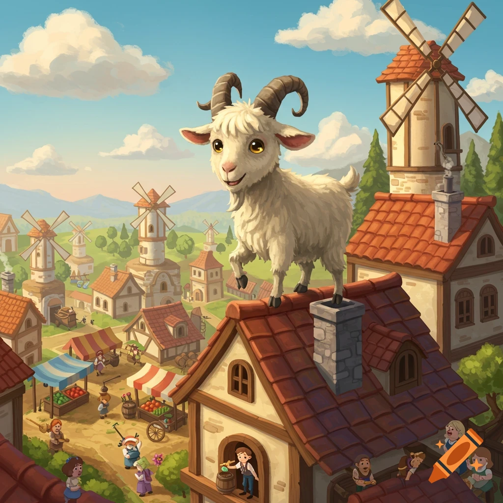 A giant cute goat stands on a rooftop overlooking a vibrant cartoon village with market stalls and windmills.
