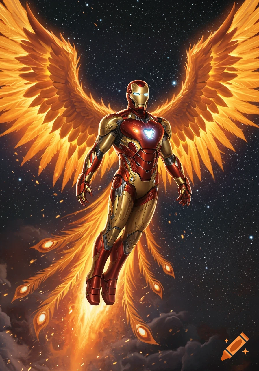 Iron Man in red and gold metallic armor, flying against a starry night sky with large, fiery phoenix-like wings and tail feathers.