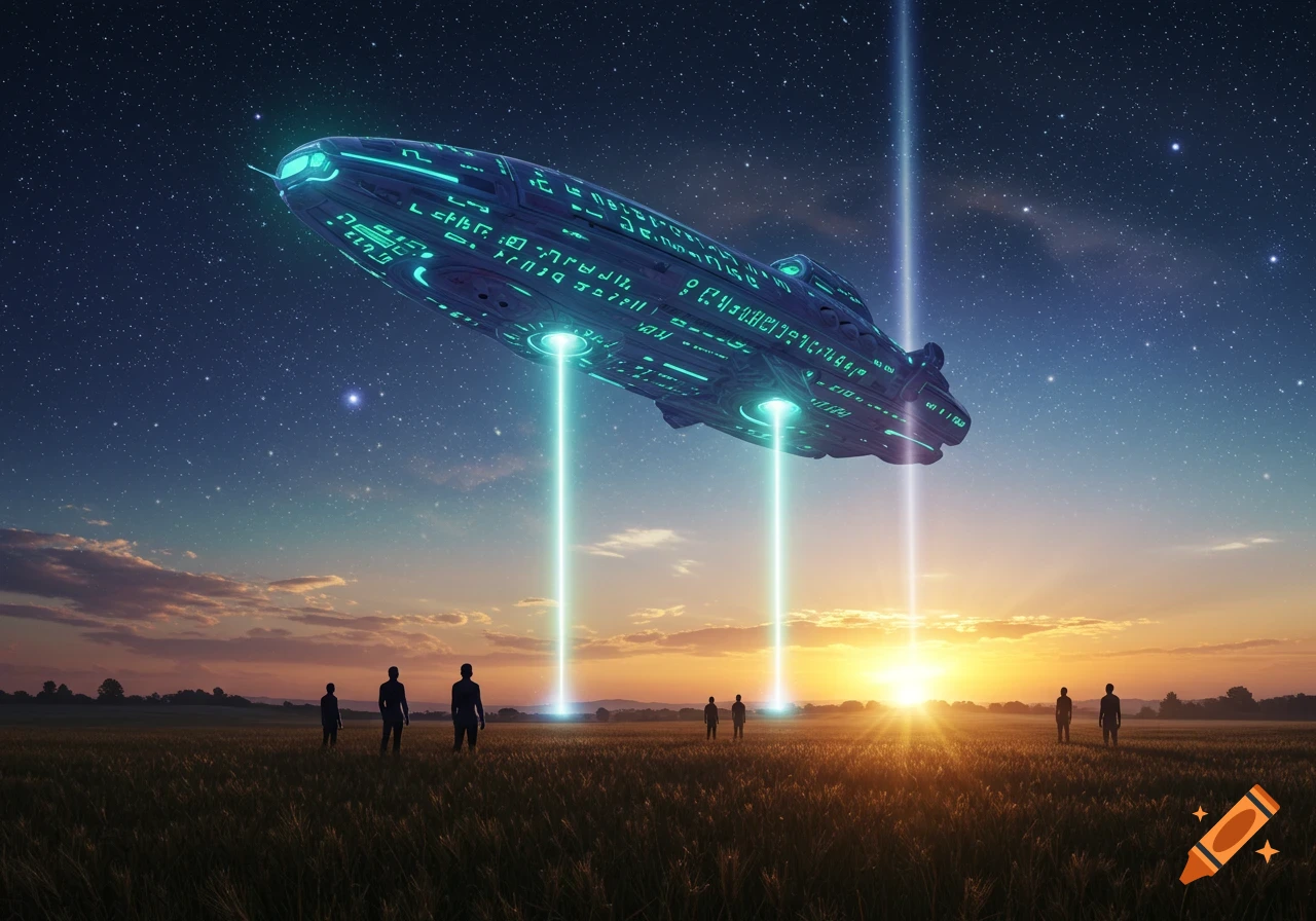 A futuristic alien spaceship beams light onto a golden field where silhouetted people watch a sunset.