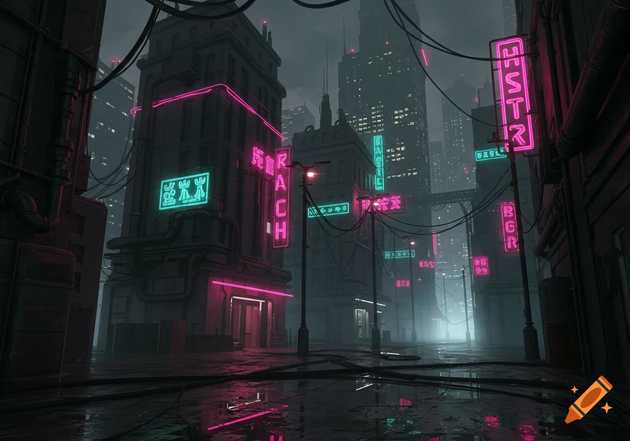 A dark, moody cyberpunk cityscape at night, featuring towering buildings with glowing magenta and cyan neon signs, wet streets, and atmospheric fog, in a detailed digital art style.