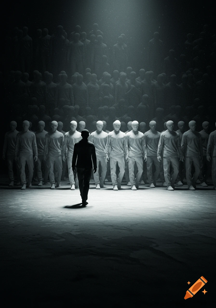 A solitary dark figure walks away from a large crowd of identical pale figures under dramatic spotlight in a monochromatic, symbolic scene.