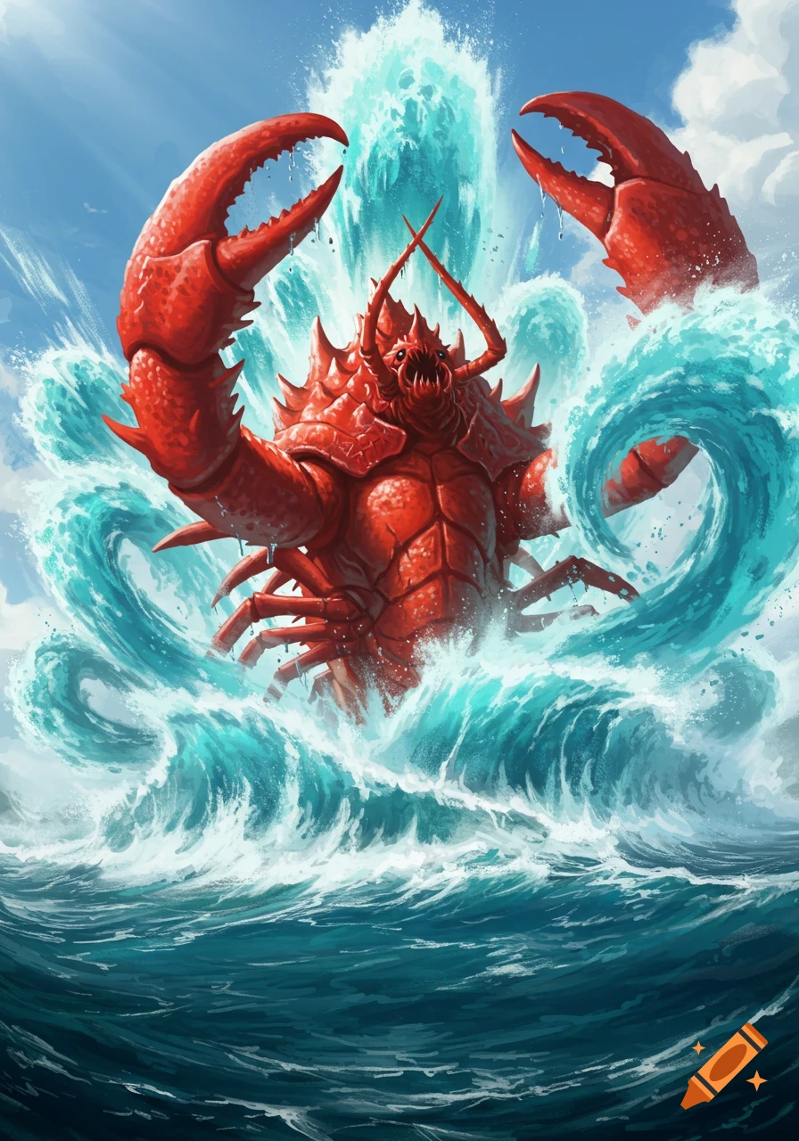 A giant red crustacean monster with large claws erupts from turbulent blue ocean waves under a bright sky, surrounded by splashing water.
