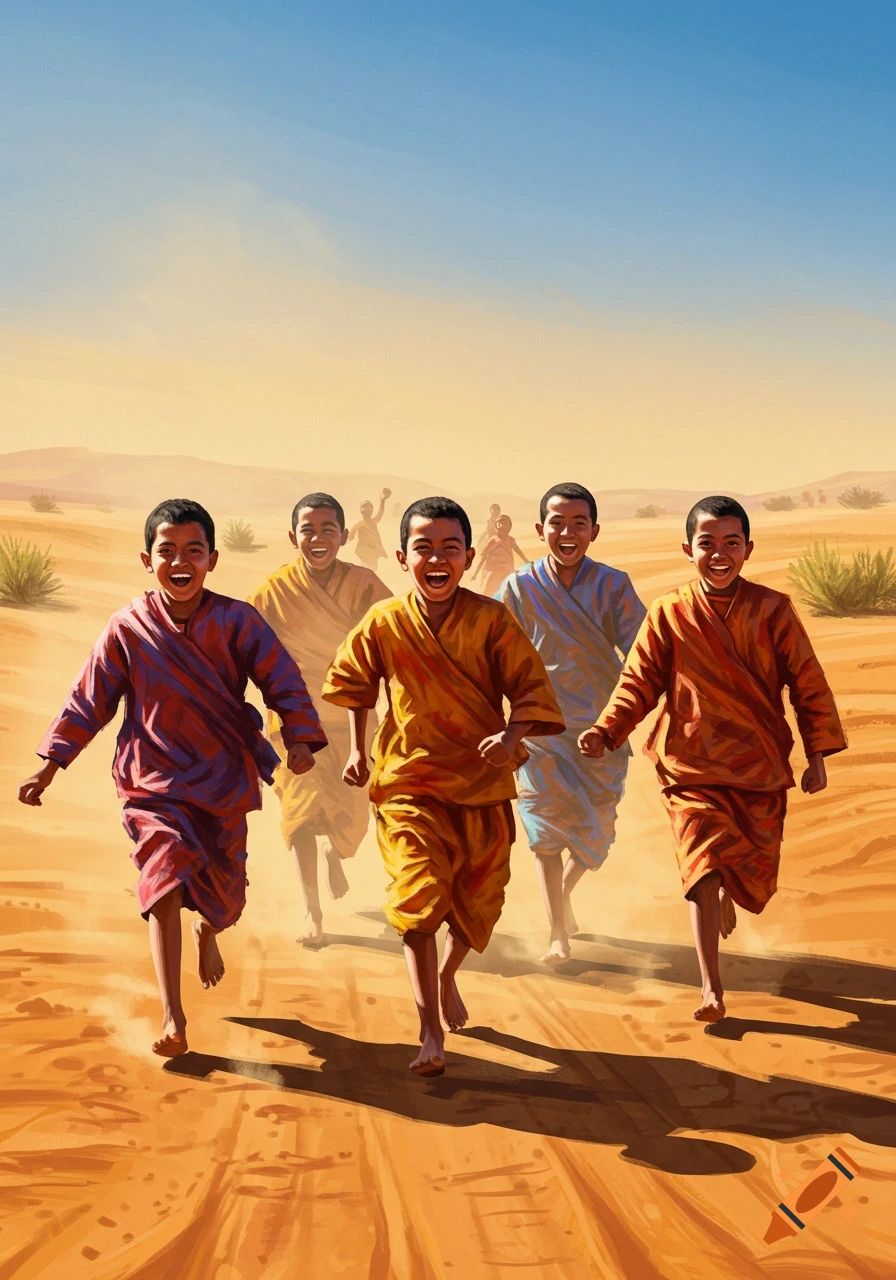 Five joyful boys in colorful robes run barefoot through a sandy desert under a clear blue sky, in a vibrant illustration.