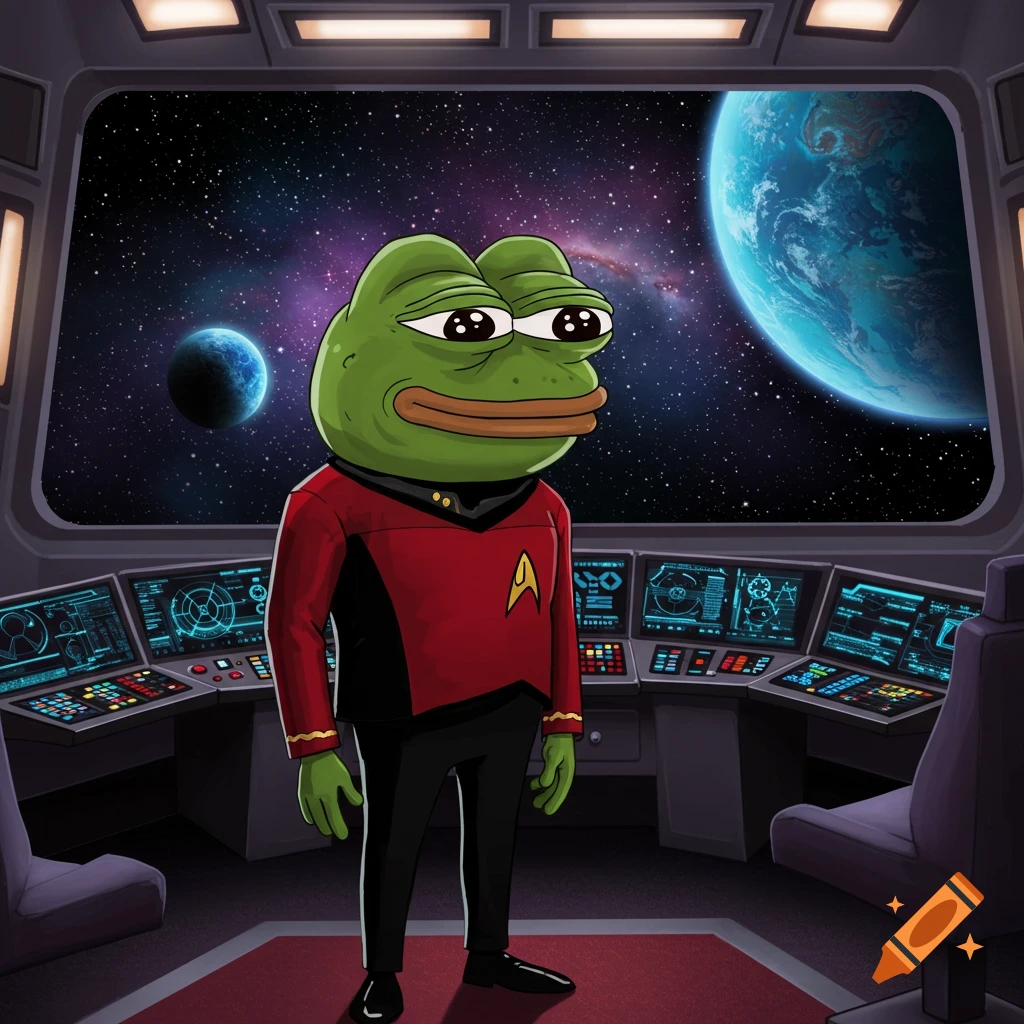 Pepe the Frog in a red Starfleet uniform stands on the bridge of a spaceship, looking out at planets in space. Cartoon style.