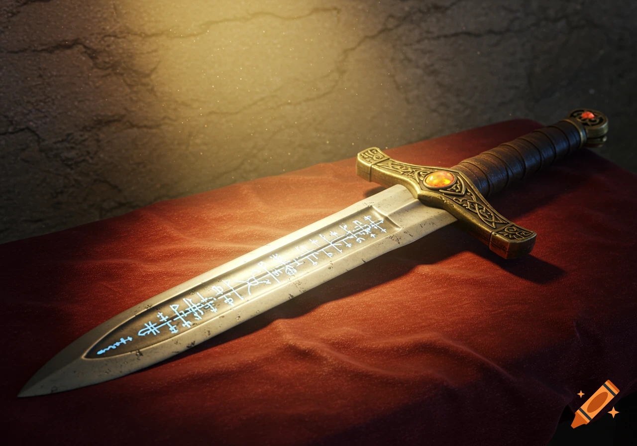 A close-up of an ornate fantasy sword with glowing runes on its blade, resting on a red cloth.