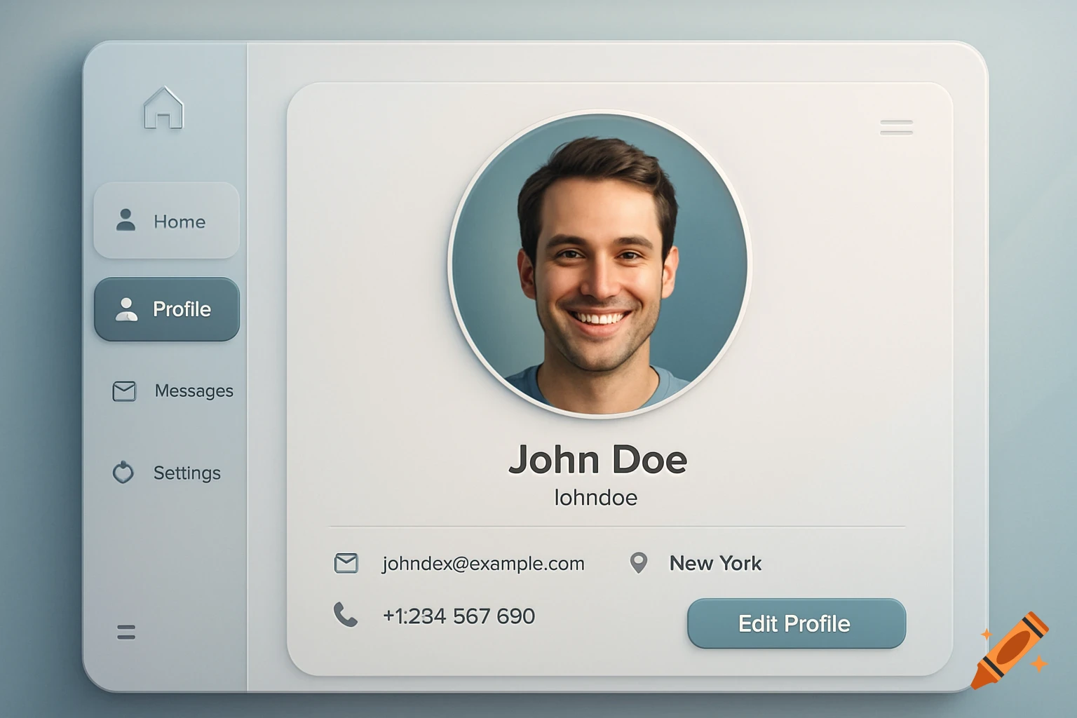 A clean, modern user interface displaying a profile page with a smiling man's photo, name, email, location, and phone number.