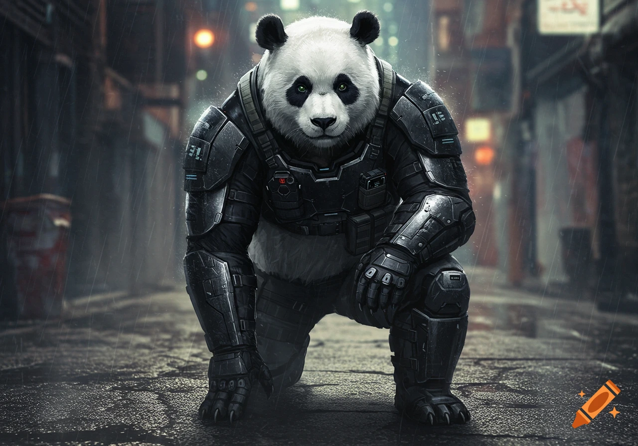 A photorealistic panda in dark tactical armor crouches in a rainy urban alley at night.