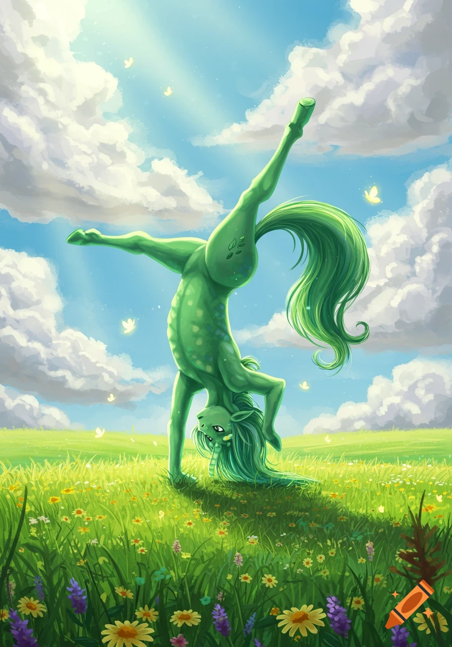 A green, stylized unicorn with a flowing mane and tail does a handstand in a field of wildflowers under a sunny, blue sky with clouds.