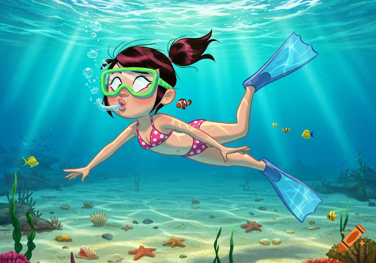 A cartoon girl in a pink polka-dot bikini, goggles, and flippers swims underwater, making a fish face among coral and fish.