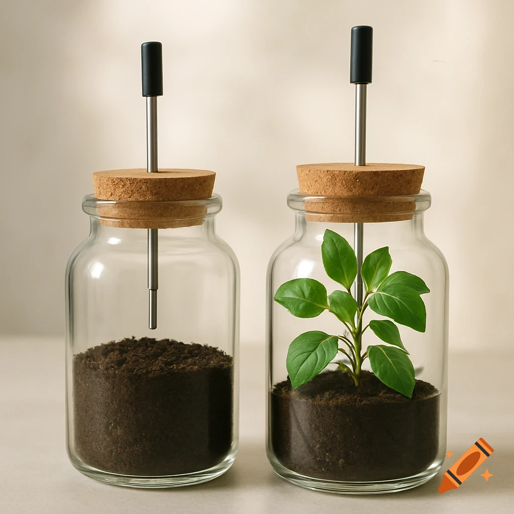 Two glass jars with cork stoppers and probes, one with soil and the other with a small green plant, on a light background.