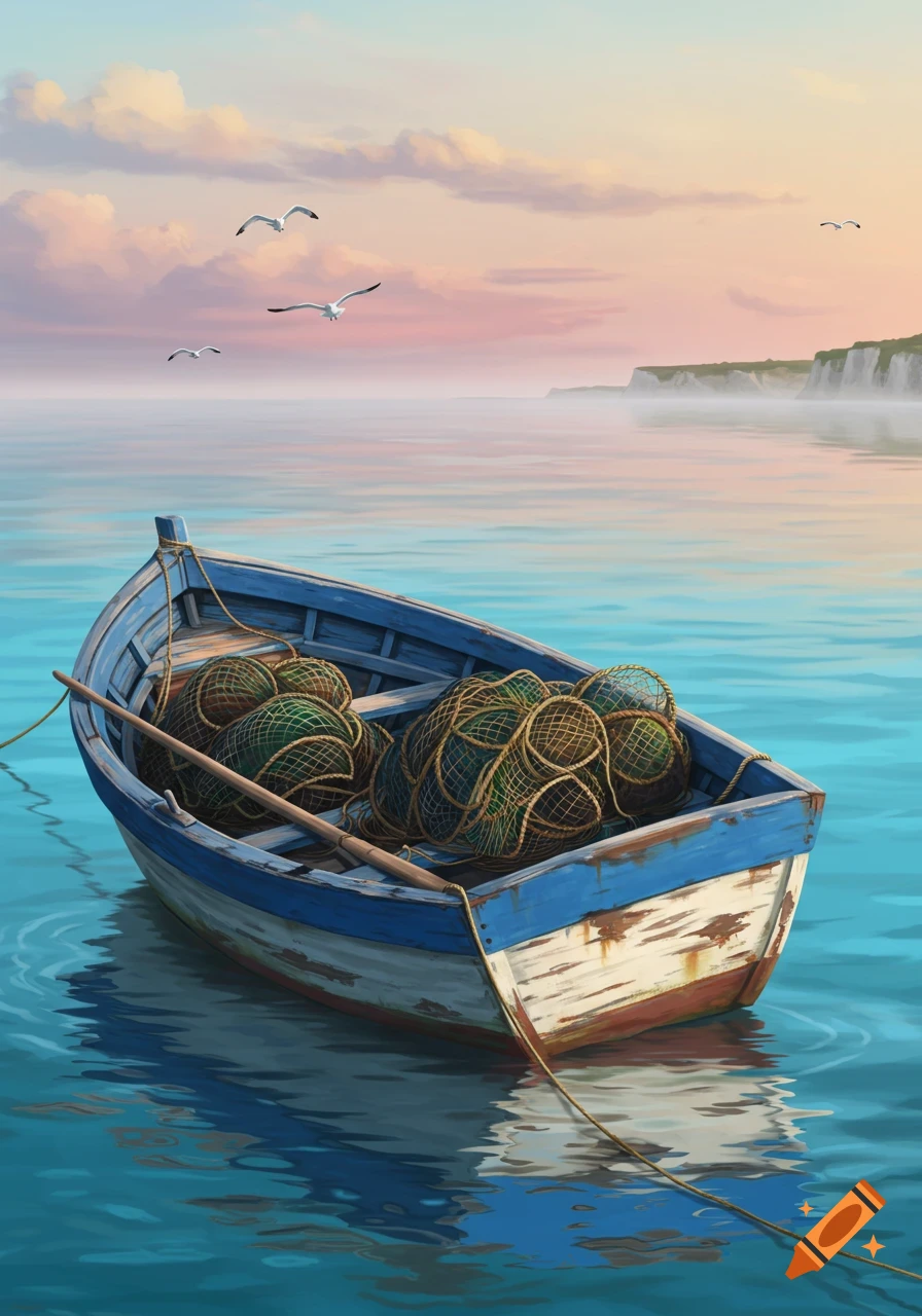 A blue and white fishing boat with nets and an oar floats on calm turquoise water, with seagulls flying under a pink and blue sky.
