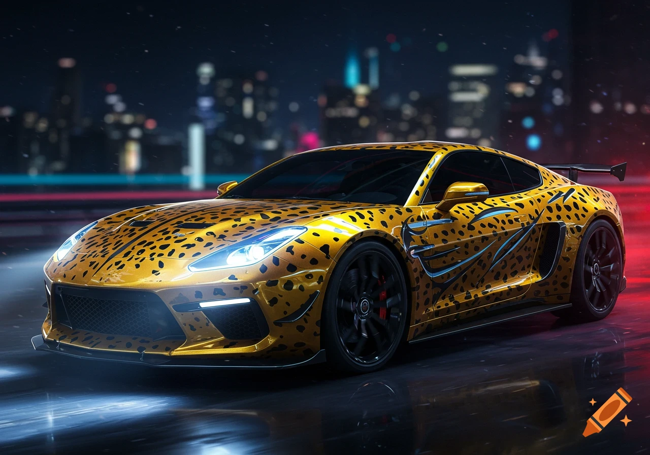 A sleek gold sports car with a black cheetah print drives on a wet city street at night, glowing headlights reflecting on the ground.