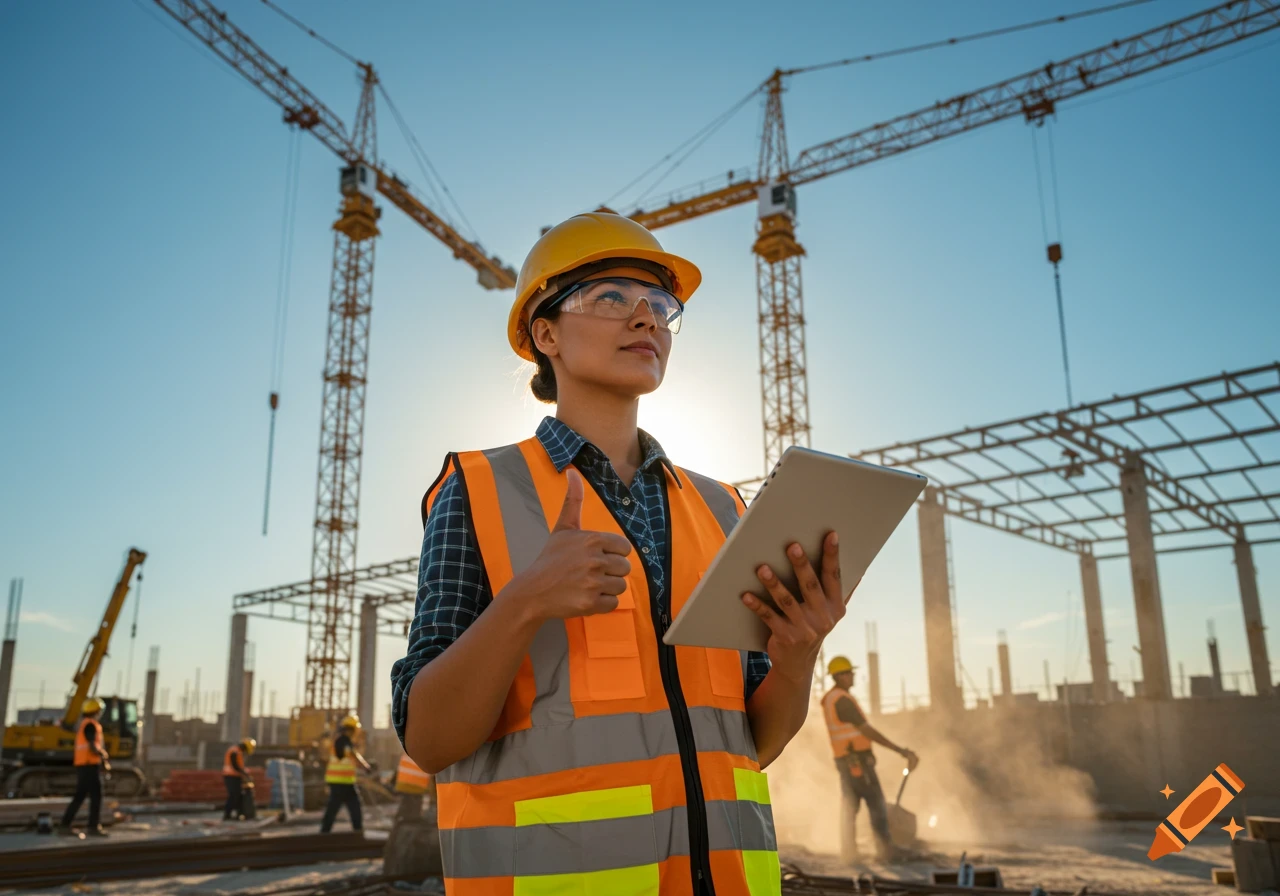 Photorealistic female construction supervisor in safety gear gives a thumbs up at a construction site with cranes.