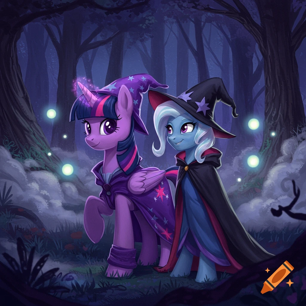 My Little Pony's Twilight Sparkle and Trixie as a wizard and witch in a mystical dark forest.