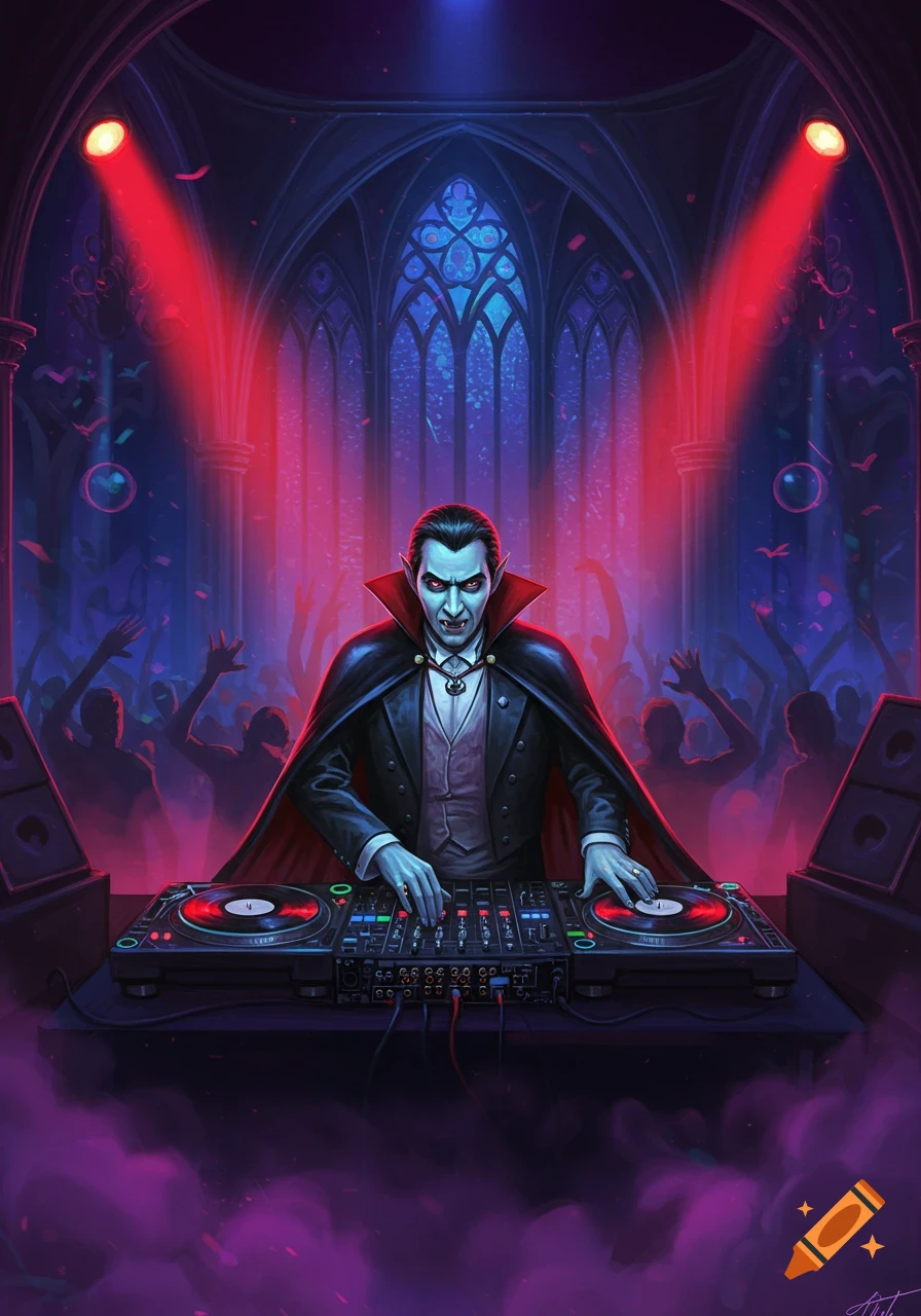 Stylized Dracula with fangs DJing in a gothic club under red and blue lights, with dancing silhouettes.