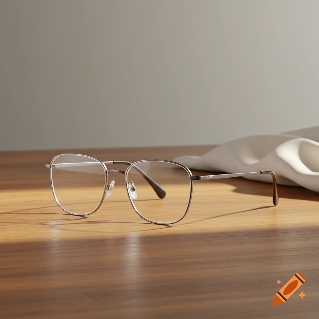 Silver-framed eyeglasses resting on a polished wooden desk with a light fabric in the background, professional product photography.