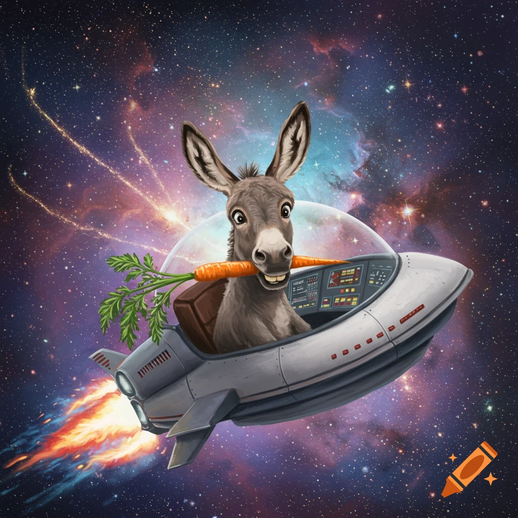 A cartoon donkey piloting a spaceship through space, holding a carrot in its mouth with a big smile.