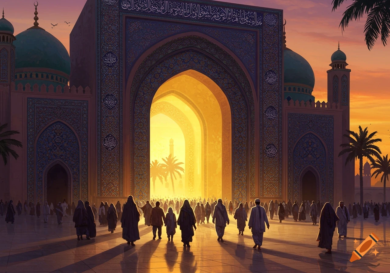 Many people walk towards a grand, intricately designed mosque with domes and arches, bathed in the golden light of sunset.