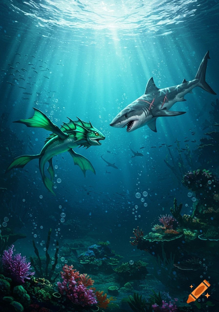 A green, finned fantasy creature faces off against a great white shark in a detailed underwater scene with coral and sunlight.