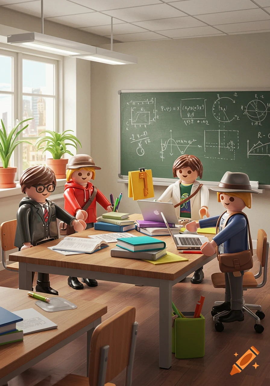 Four Playmobil figures with laptops and books, studying at a table in a classroom with a chalkboard.