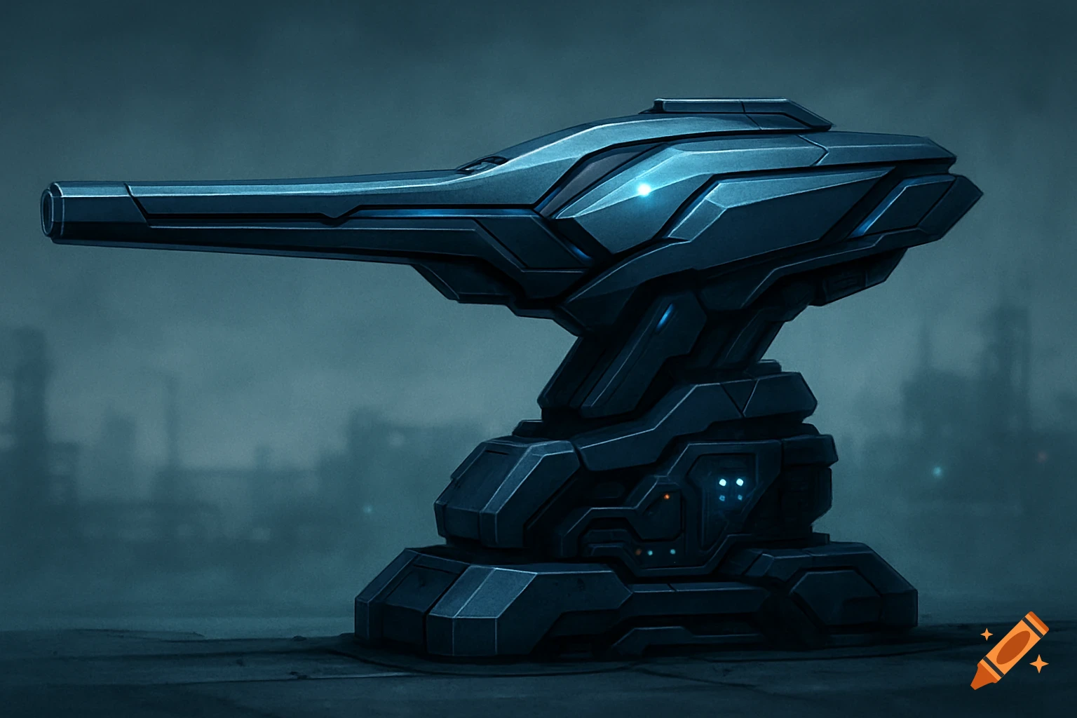 Sleek, futuristic gun turret with glowing blue accents against a hazy, dark industrial background.