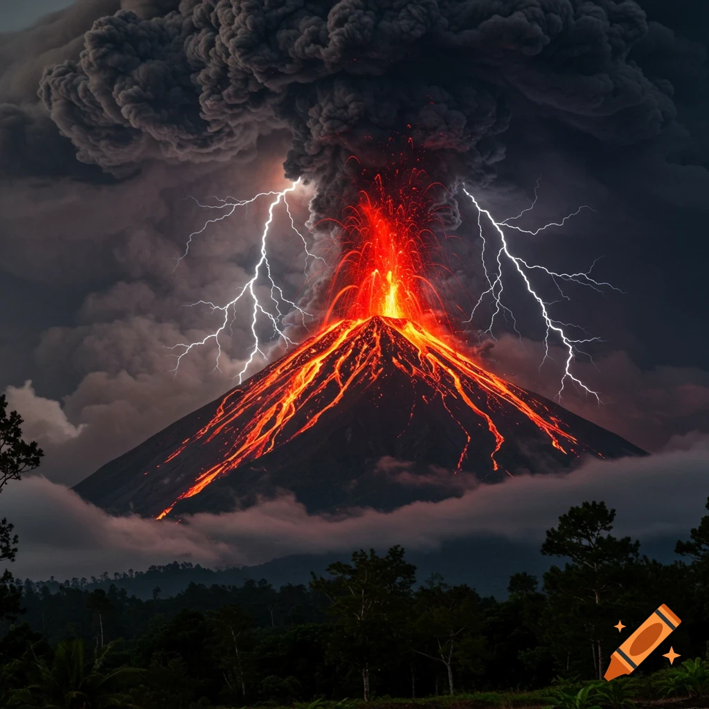 A towering volcano erupts with glowing red lava, dark ash, and lightning against a stormy sky, with dark trees in the foreground.