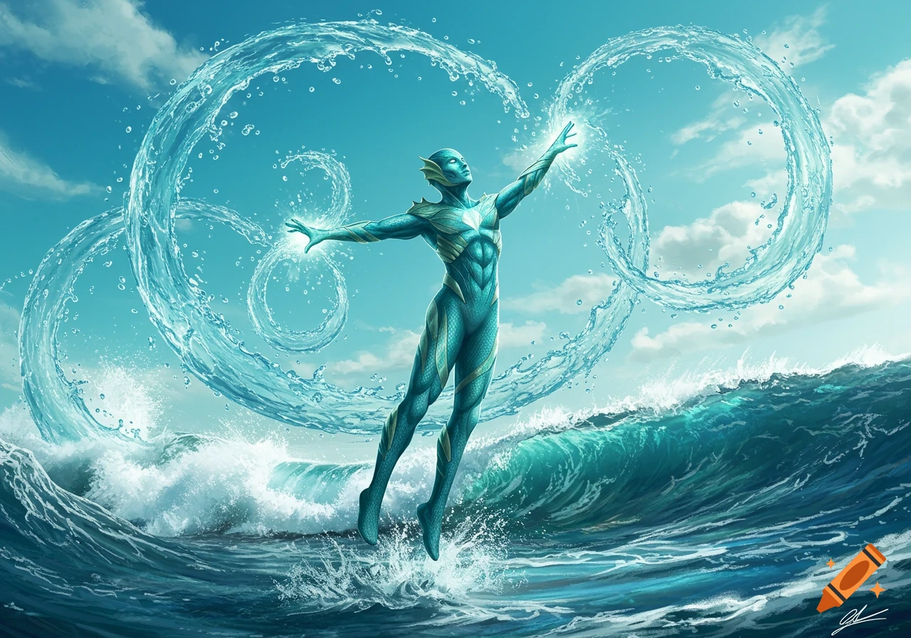 A muscular, aqua-skinned superhero with fins on his head and arms, generating swirling water energy while hovering above crashing ocean waves under a blue sky.