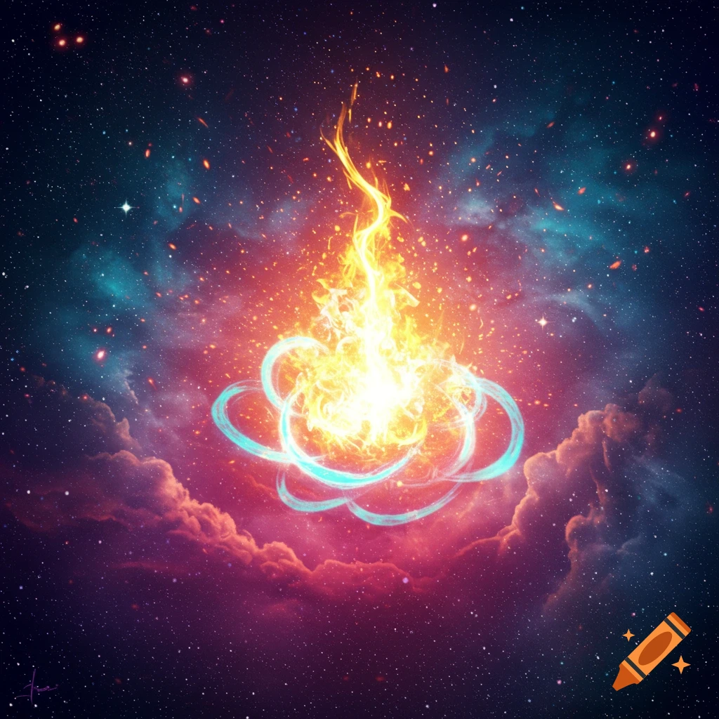 A bright, fiery energy burst with swirling blue rings in a star-filled galaxy with colorful nebulae and clouds.