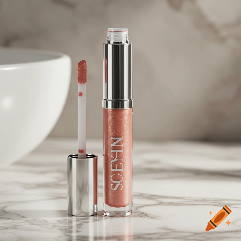 Close-up of a luxury soft nude pink lip gloss in a transparent tube with a silver cap and applicator on a marble surface.