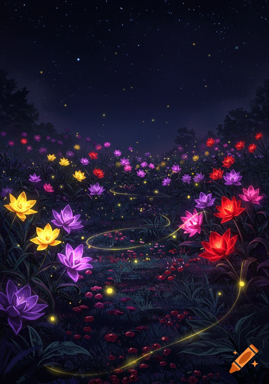 A magical night garden with glowing purple, pink, yellow, and red lotus-like flowers and swirling fireflies under a starry sky.