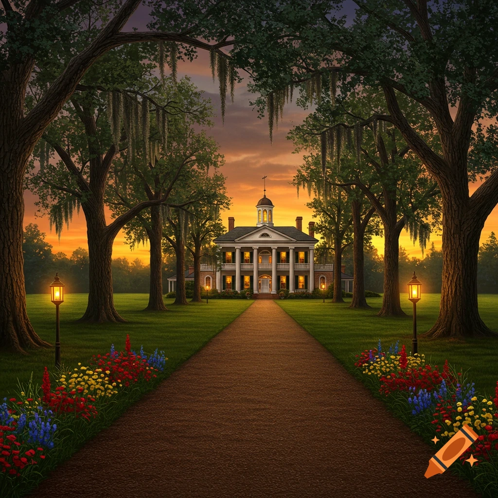 A grand white mansion with columns and a cupola at the end of a long driveway, flanked by large trees with spanish moss and flower beds, under a vibrant sunset sky.