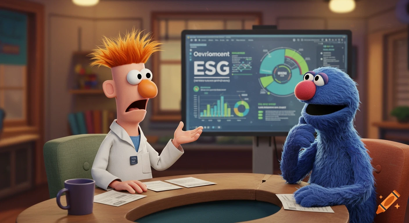 Beaker and Grover sit at a table in a meeting room, with a monitor displaying ESG data and charts behind them.