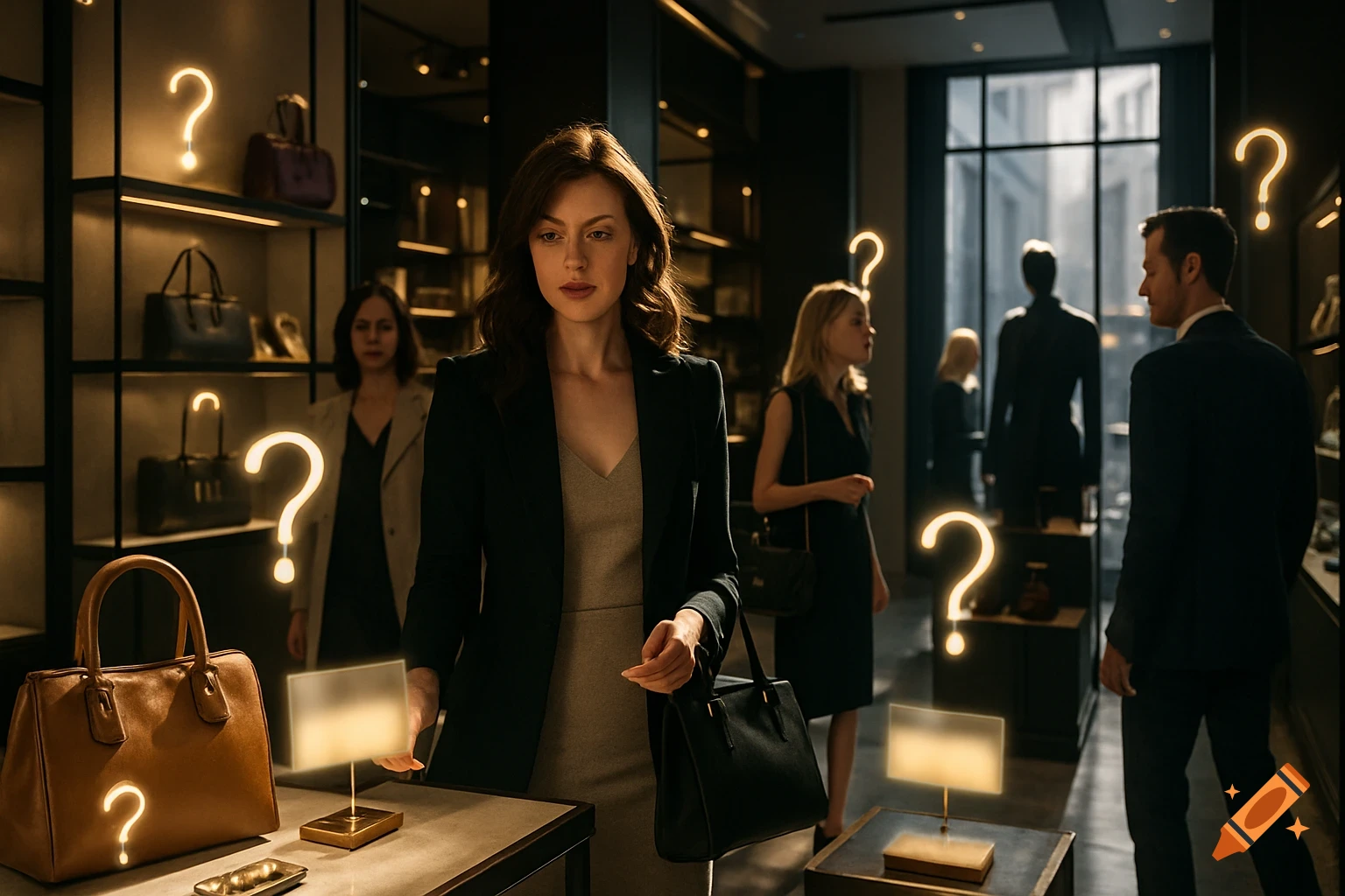 People look confused in a luxurious store with glowing question marks highlighting hidden prices, photorealistic style.