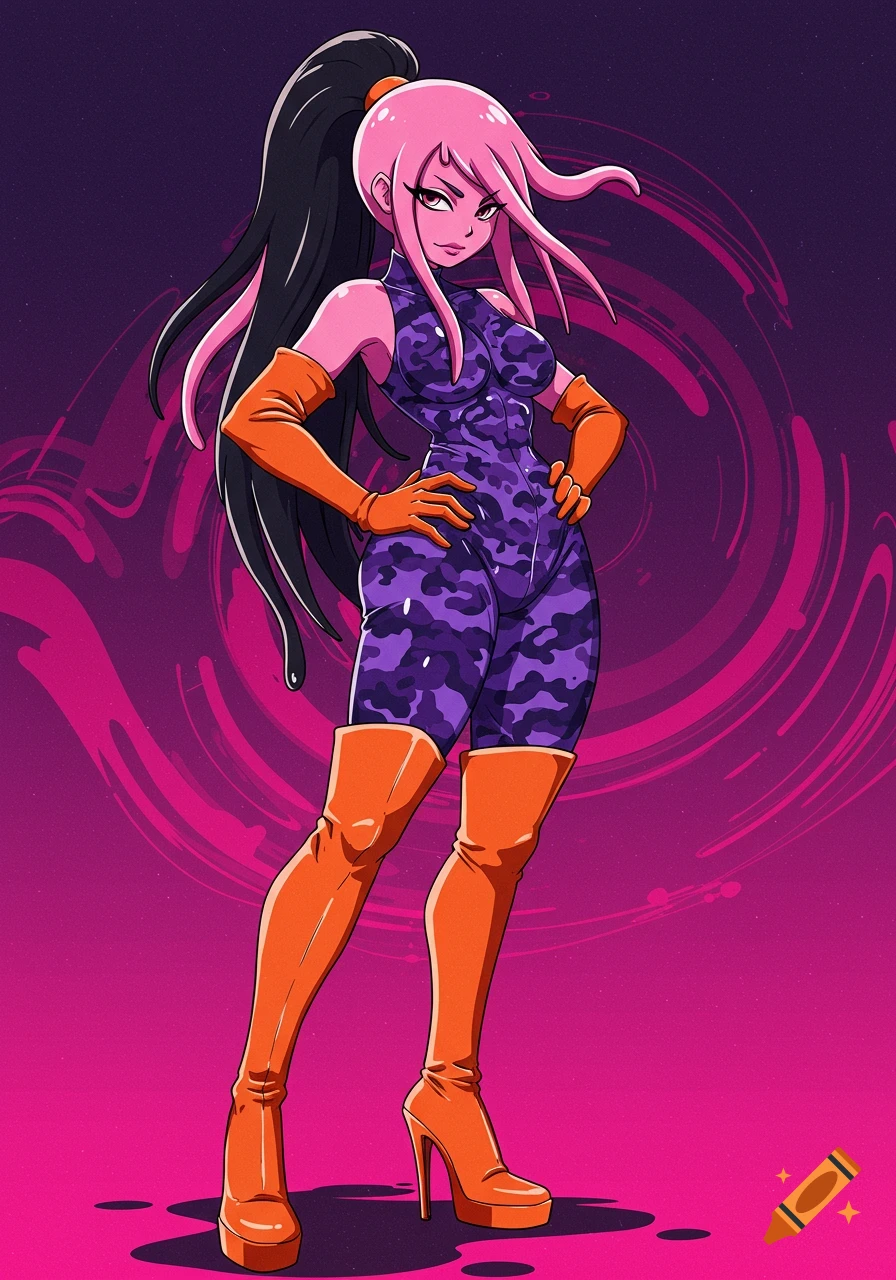 An anime character with pink hair in a high black ponytail, wearing a tight purple camouflage suit, orange long gloves, and orange high-heeled boots, stands against a swirling pink and purple background.