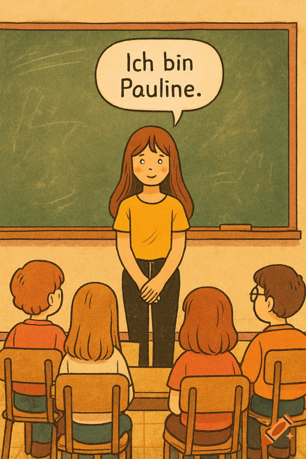 A cartoon girl in a yellow shirt stands before a classroom of students, saying "Ich bin Pauline" in a speech bubble. Retro comic style.