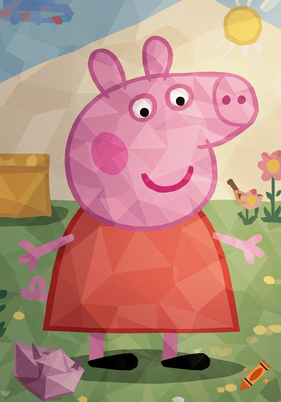 Cubist style illustration of Peppa Pig standing in a grassy field with a sun, bird, and car in the background.