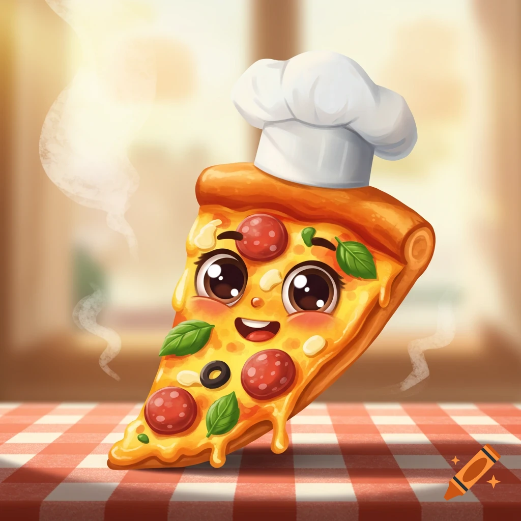 A cute cartoon pizza slice wearing a white chef's hat, with big eyes and a happy smile, sitting on a red and white checkered tablecloth.