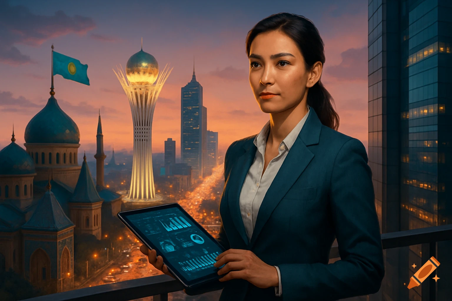 A confident businesswoman holds a tablet overlooking the illuminated Astana city skyline with the Baiterek tower and Kazakhstan flag at sunset.