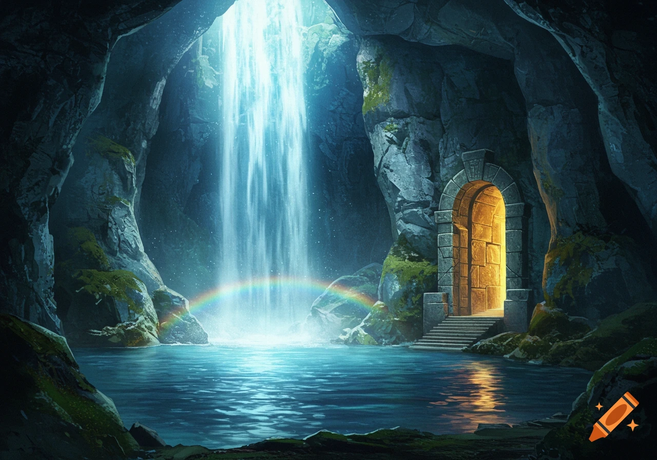 A mystical cave with a waterfall, rainbow, and a glowing stone archway above a blue pool of water.