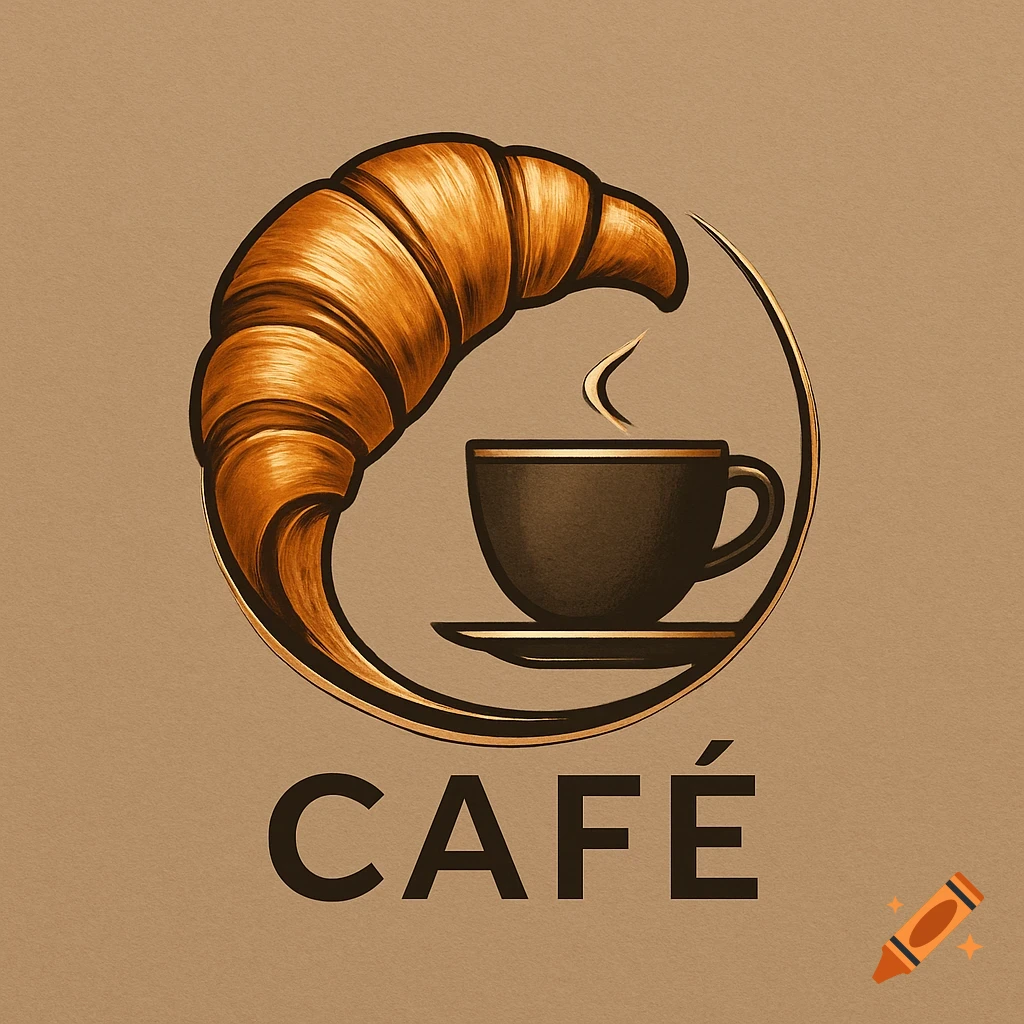 Stylized logo featuring a golden croissant embracing a coffee cup with steam, with the word CAFÉ below, on a brown background.