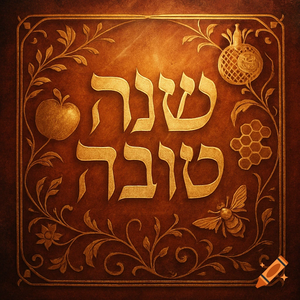Gold embossed square greeting card with Hebrew text 'Shana Tova', floral border, apple, pomegranate, honeycomb, and bee on a brown background.