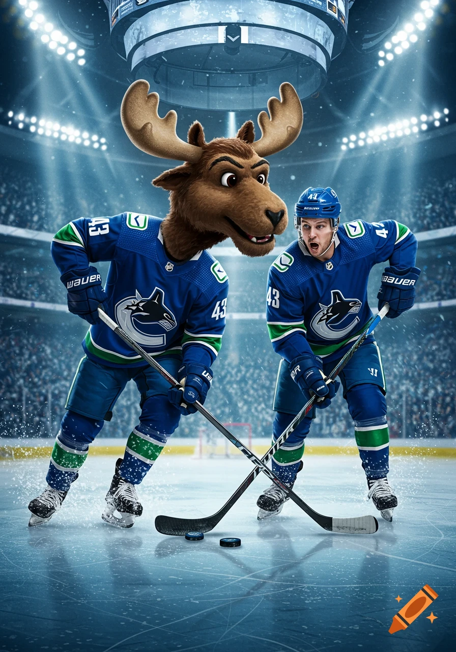 A hockey player and a moose mascot in blue Canucks jerseys on an ice rink. Both are holding hockey sticks, ready for action.