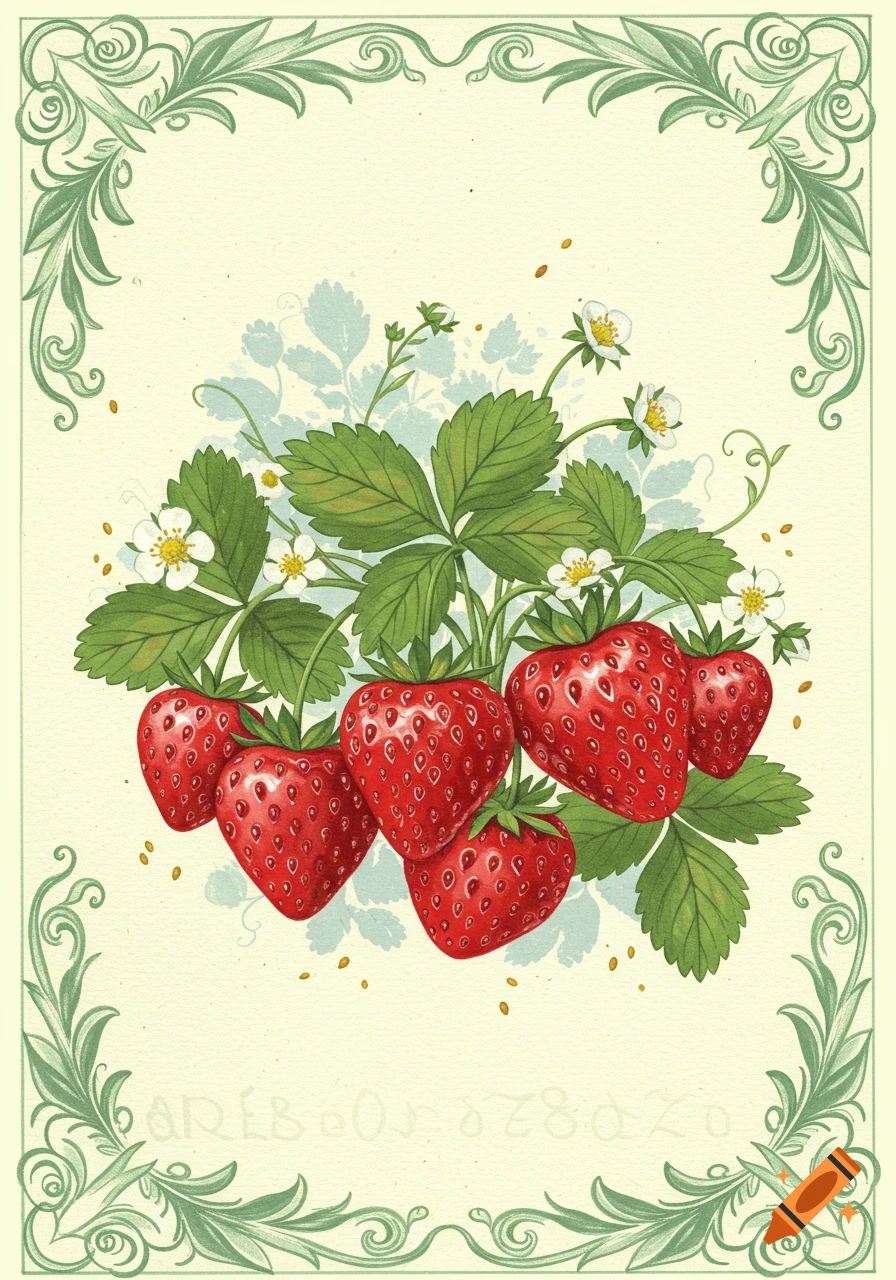A stylized illustration of a cluster of ripe red strawberries with green leaves and white flowers, surrounded by an ornate green leafy border, on a light cream background.