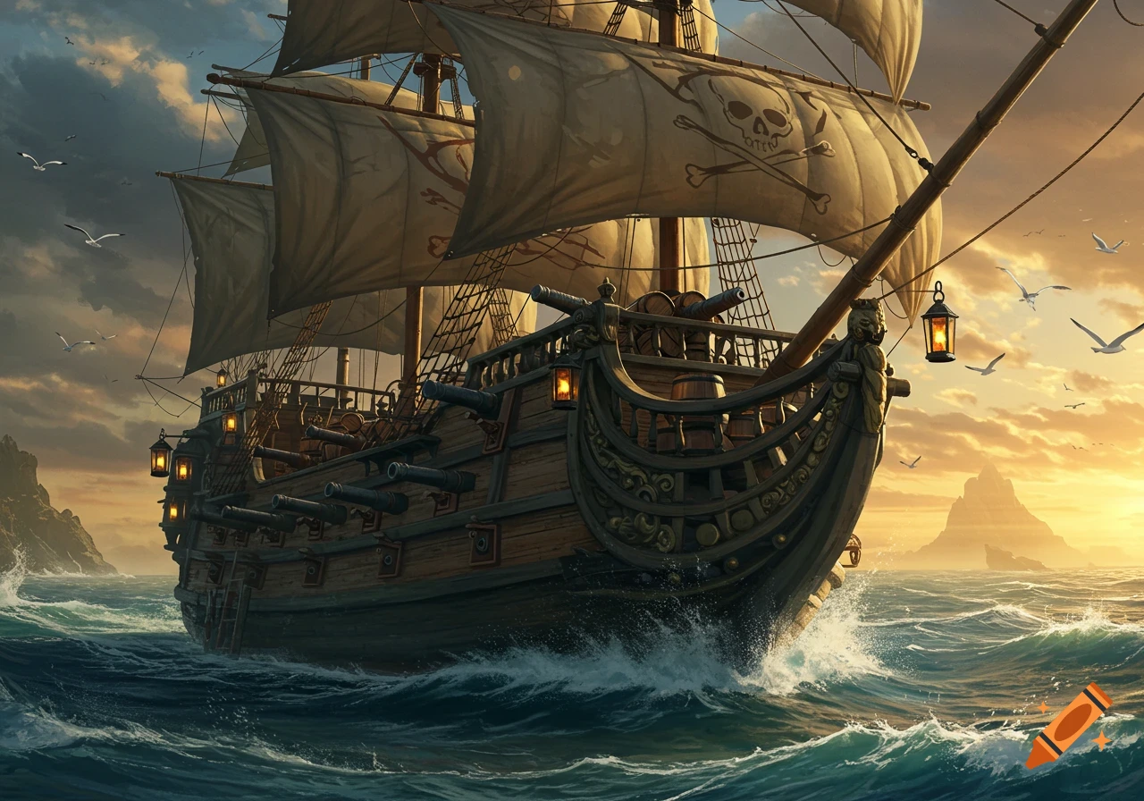 A large pirate ship with cannons sails on a rough sea under a dramatic sunset sky, with mountains in the distance.