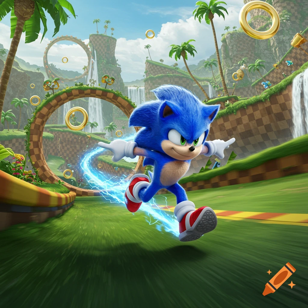 Sonic the Hedgehog speeds through a vibrant Green Hill Zone, trailing blue lightning past golden rings, palm trees, and waterfalls.