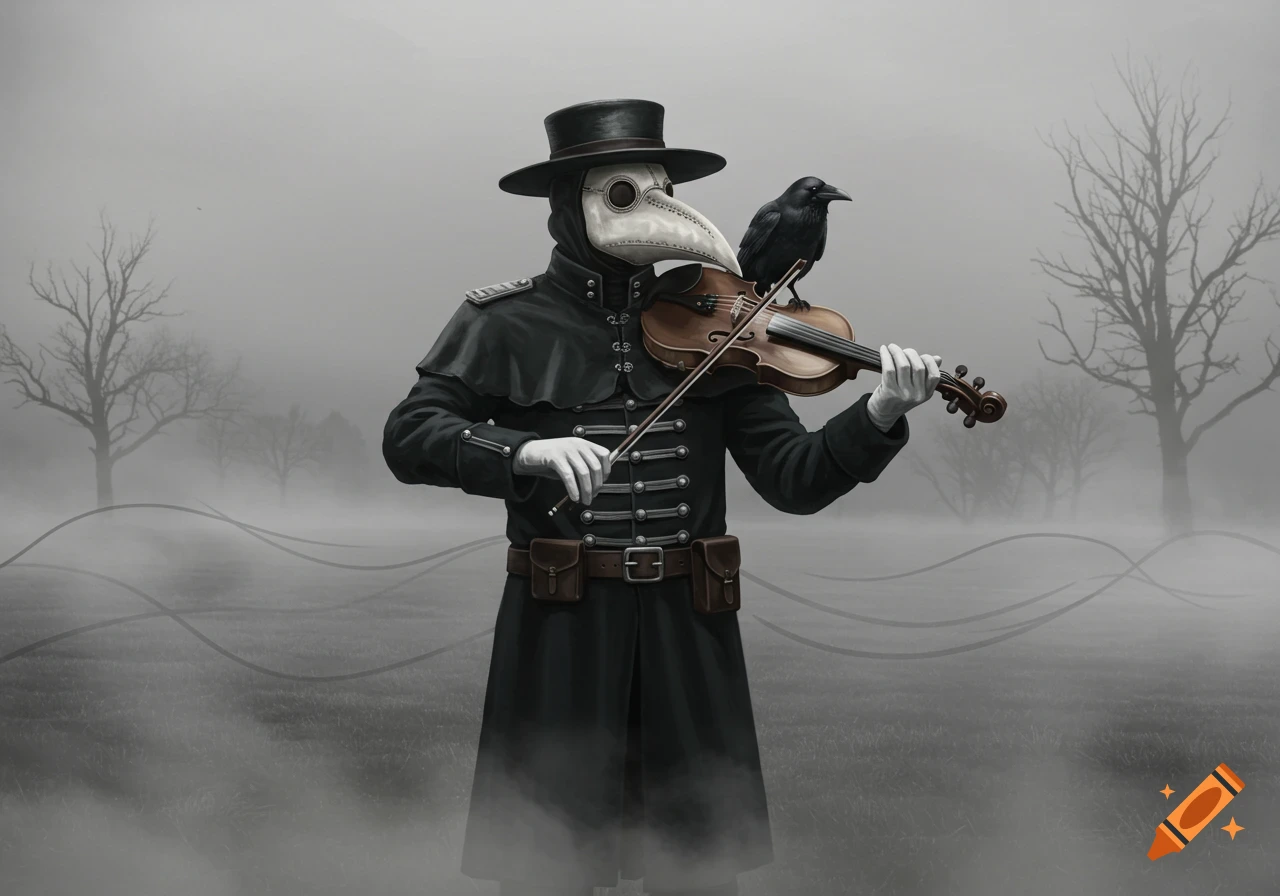 A plague doctor in a military uniform playing a violin with a crow perched on his shoulder, in a misty, desolate landscape.